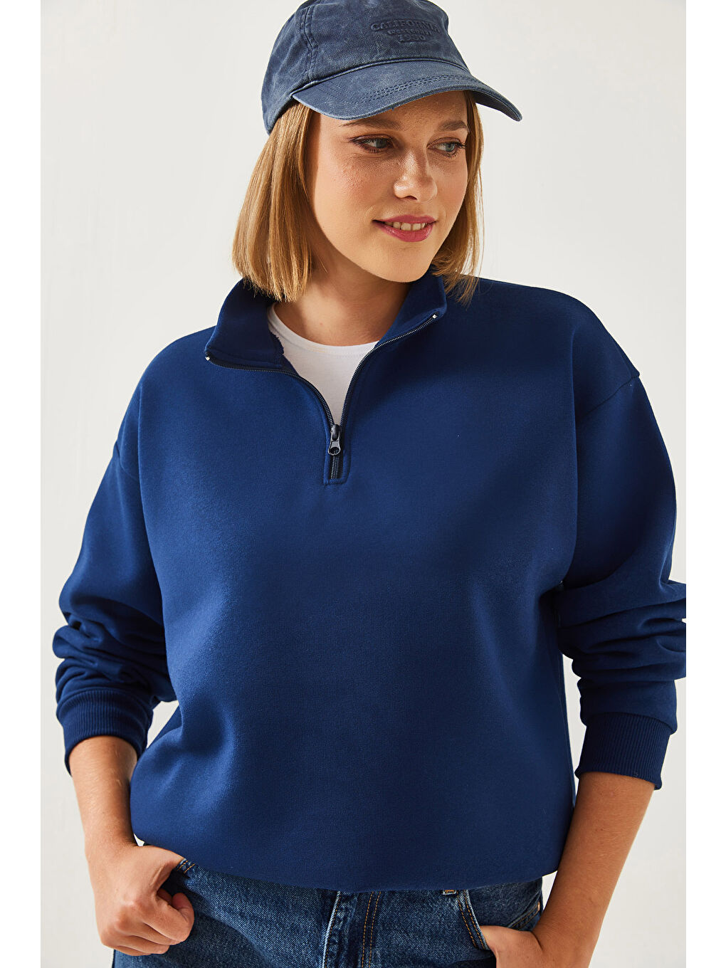 Lacivert Kadın Fermuarlı Oversize Sweatshirt-5