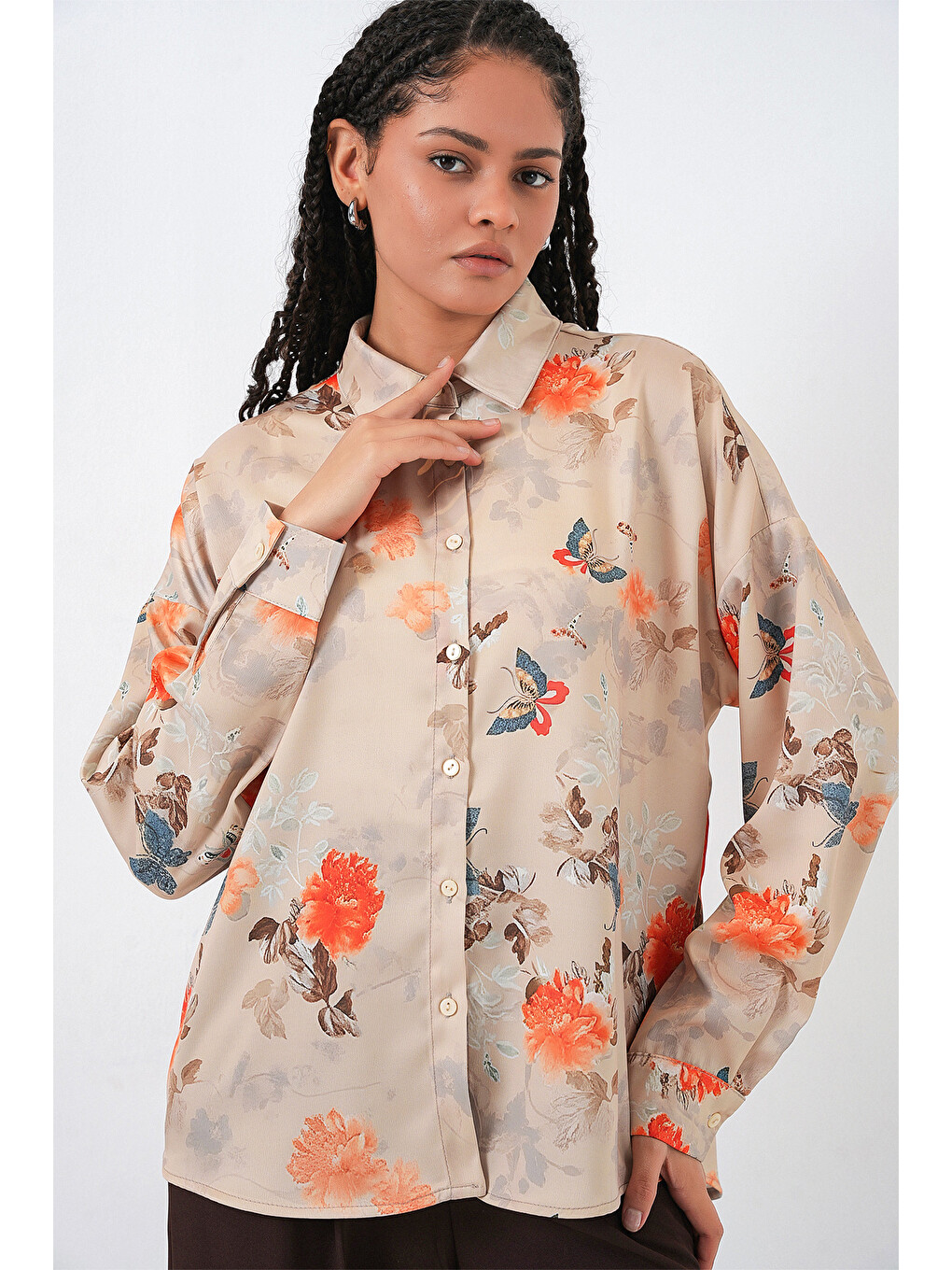 Sarı Kadın Oversize Desenli Saten Gömlek 20365 - Camel