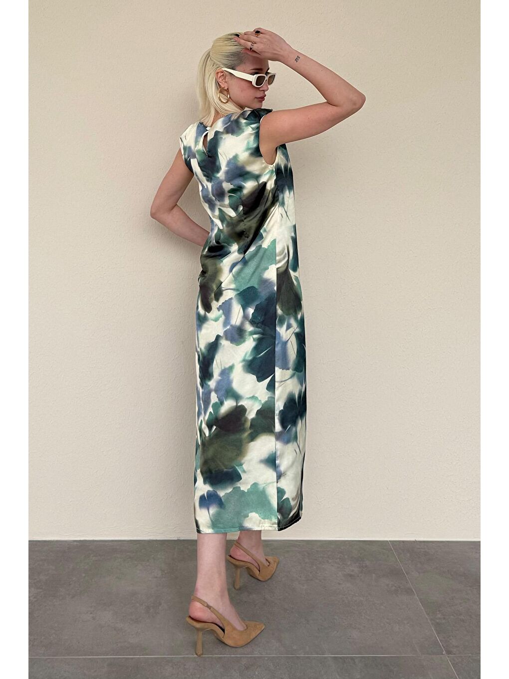 Yeşil Desenli Midi Boy Kadın Elbise Mg2377-4