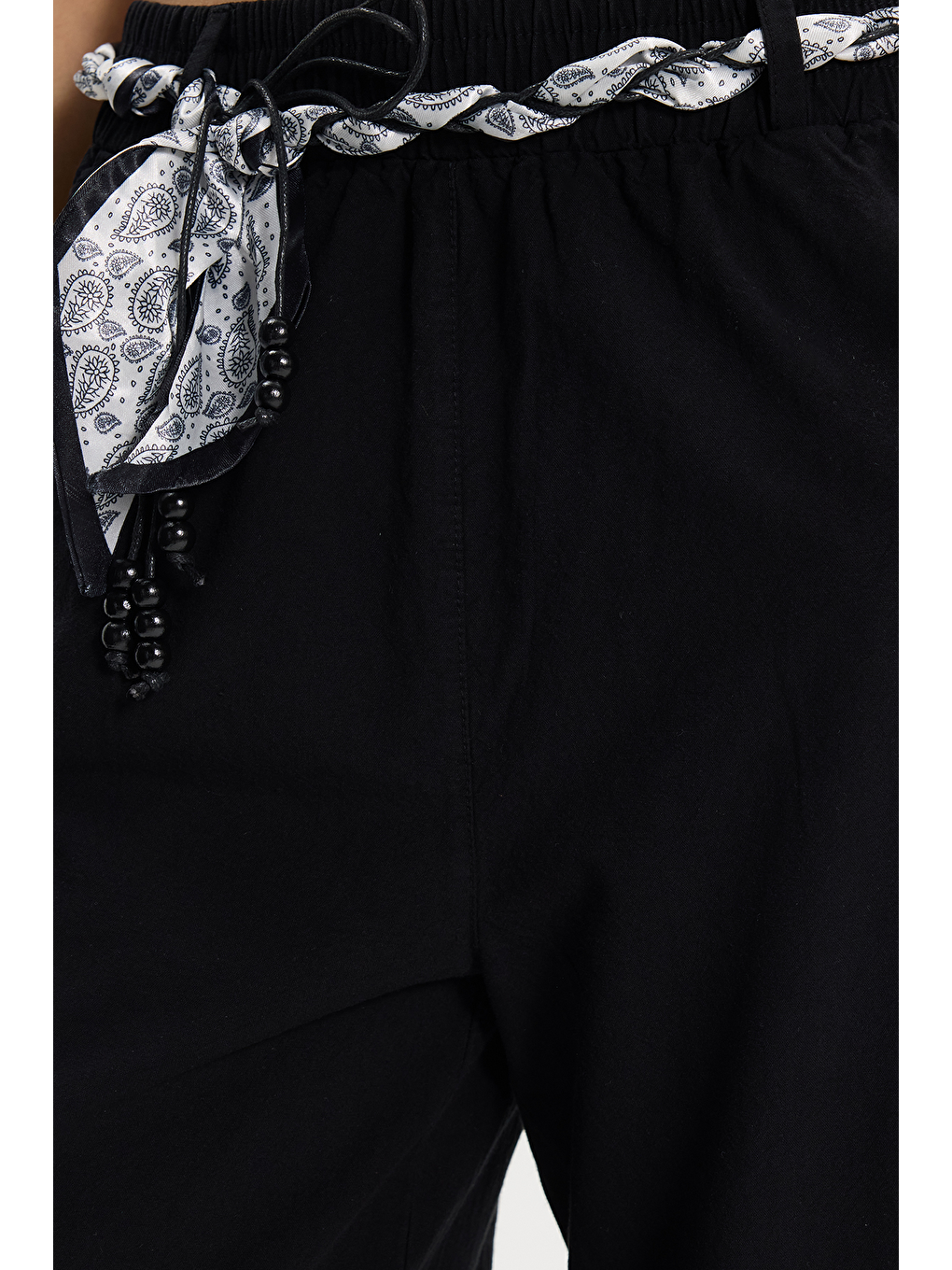 Kadın Relax Fit Rahat Kesim %100 Pamuk Beli Lastikli Fular Detaylı Çift Cepli Siyah Pantolon-4