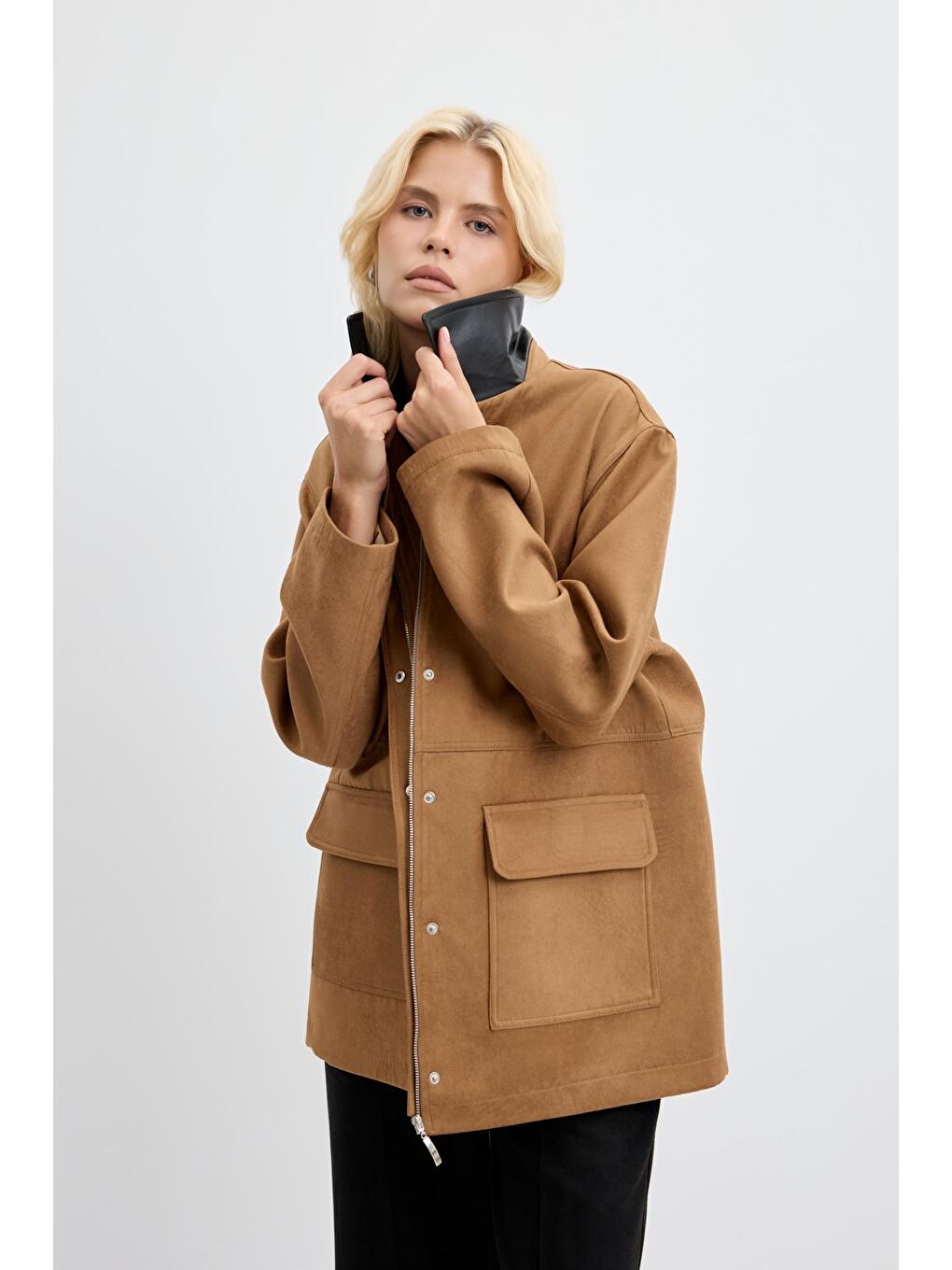 Kahverengi Fermuarlı Cepli Deri Yakalı Süet Ceket Camel-3