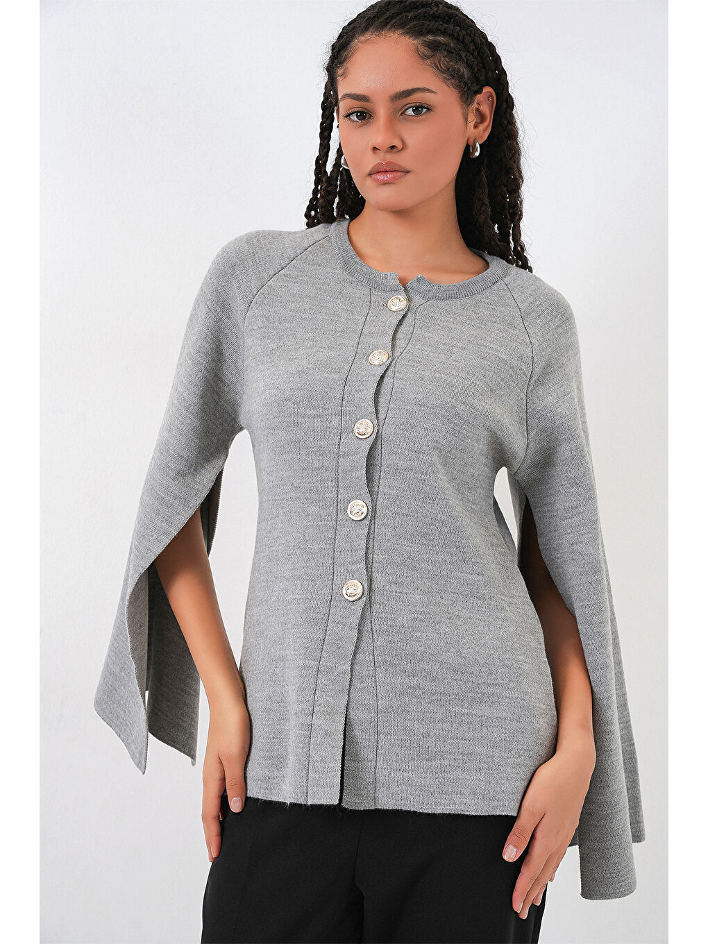 Kadın Triko Panço Hırka 15965 - Gri-3