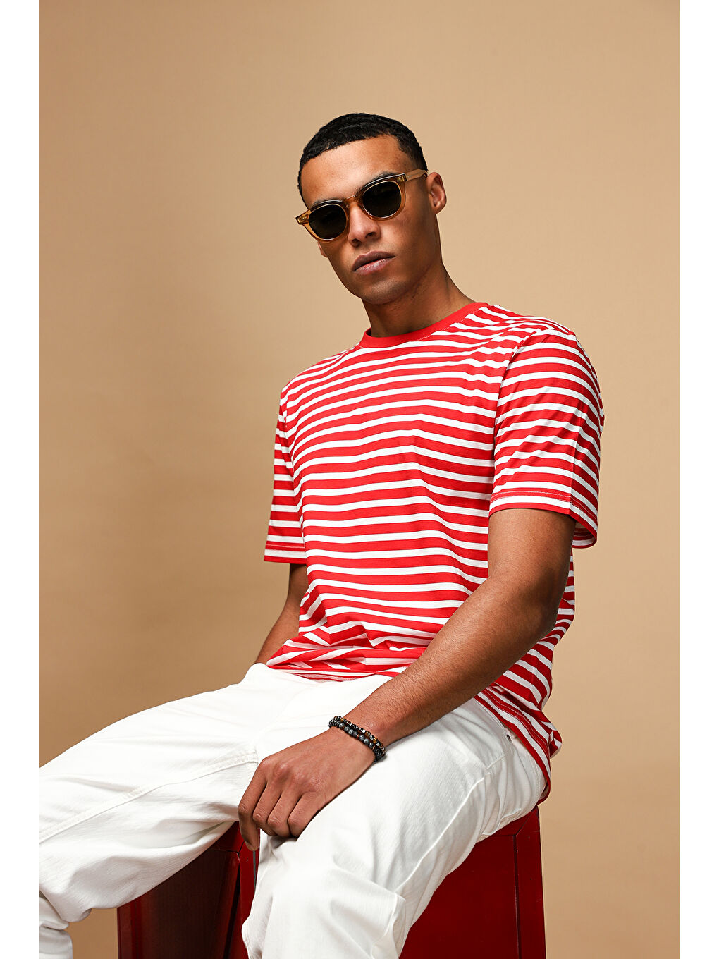 Kırmızı Bisiklet Yaka Regular Fit Pamuk Çizgili Tişört-1