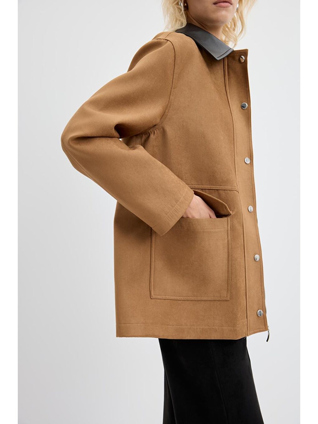 Kahverengi Fermuarlı Cepli Deri Yakalı Süet Ceket Camel-5