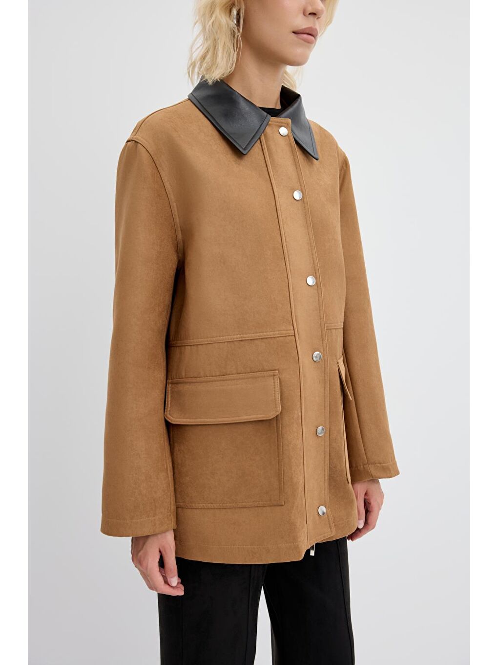 Kahverengi Fermuarlı Cepli Deri Yakalı Süet Ceket Camel-6