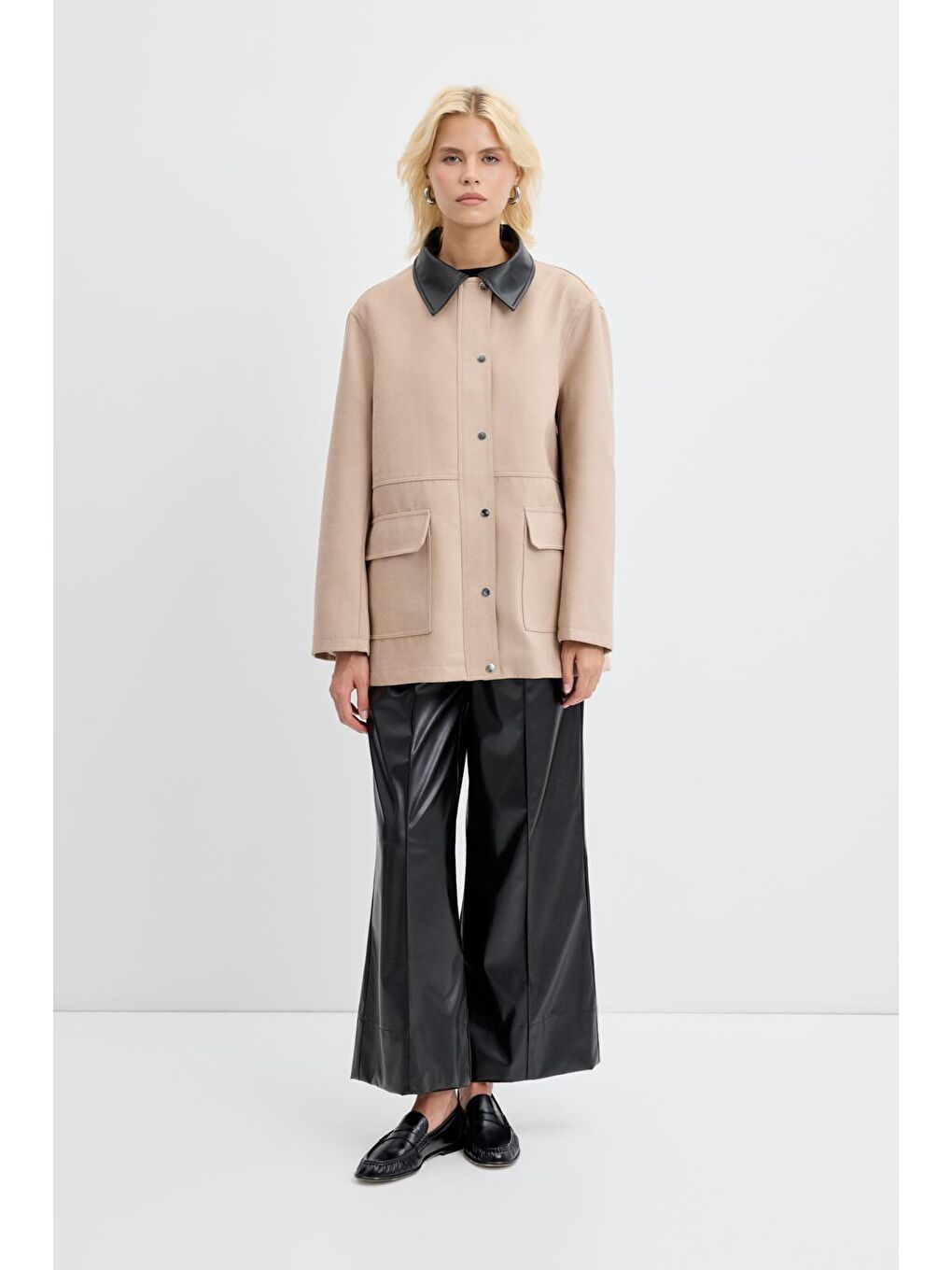 Bej Fermuarlı Cepli Deri Yakalı Süet Ceket Vizon-2