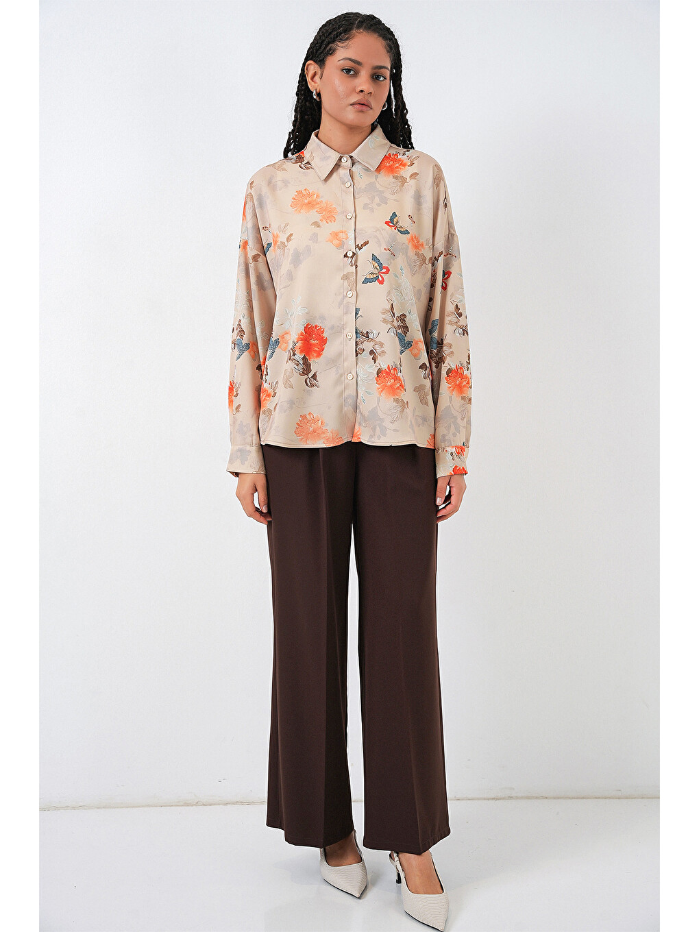 Sarı Kadın Oversize Desenli Saten Gömlek 20365 - Camel-1