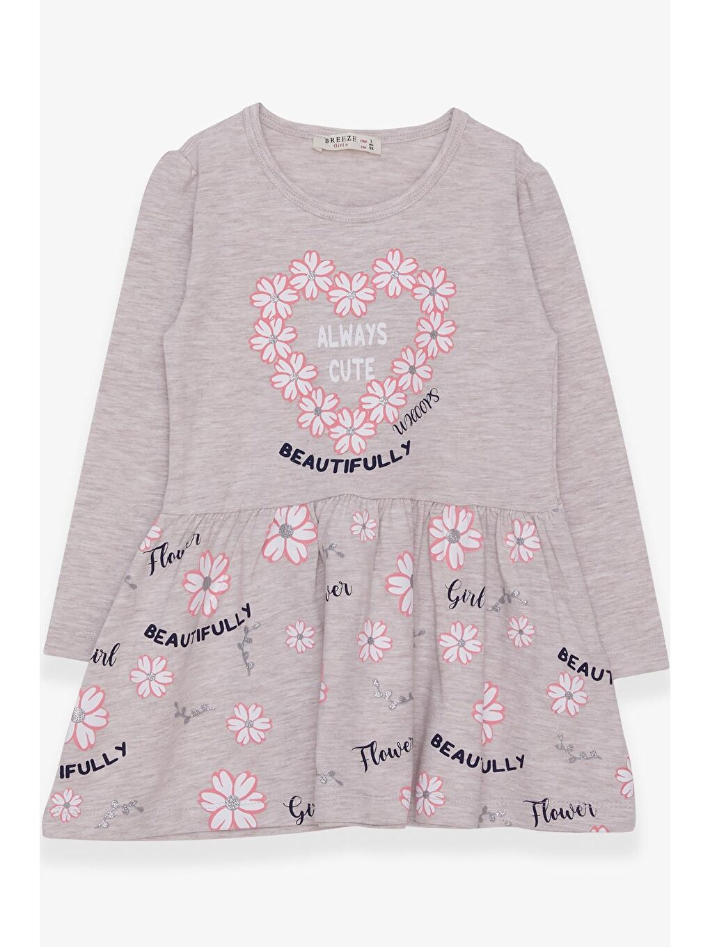 Kız Çocuk Uzun Kollu Elbise Çiçekli Baskılı Desenli Bej Melanj (3 Yaş)