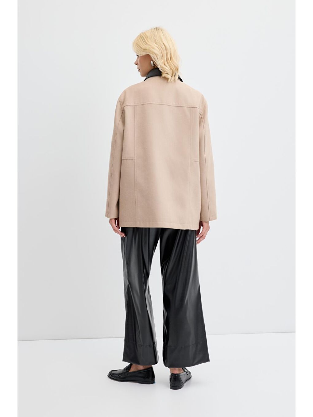 Bej Fermuarlı Cepli Deri Yakalı Süet Ceket Vizon-5