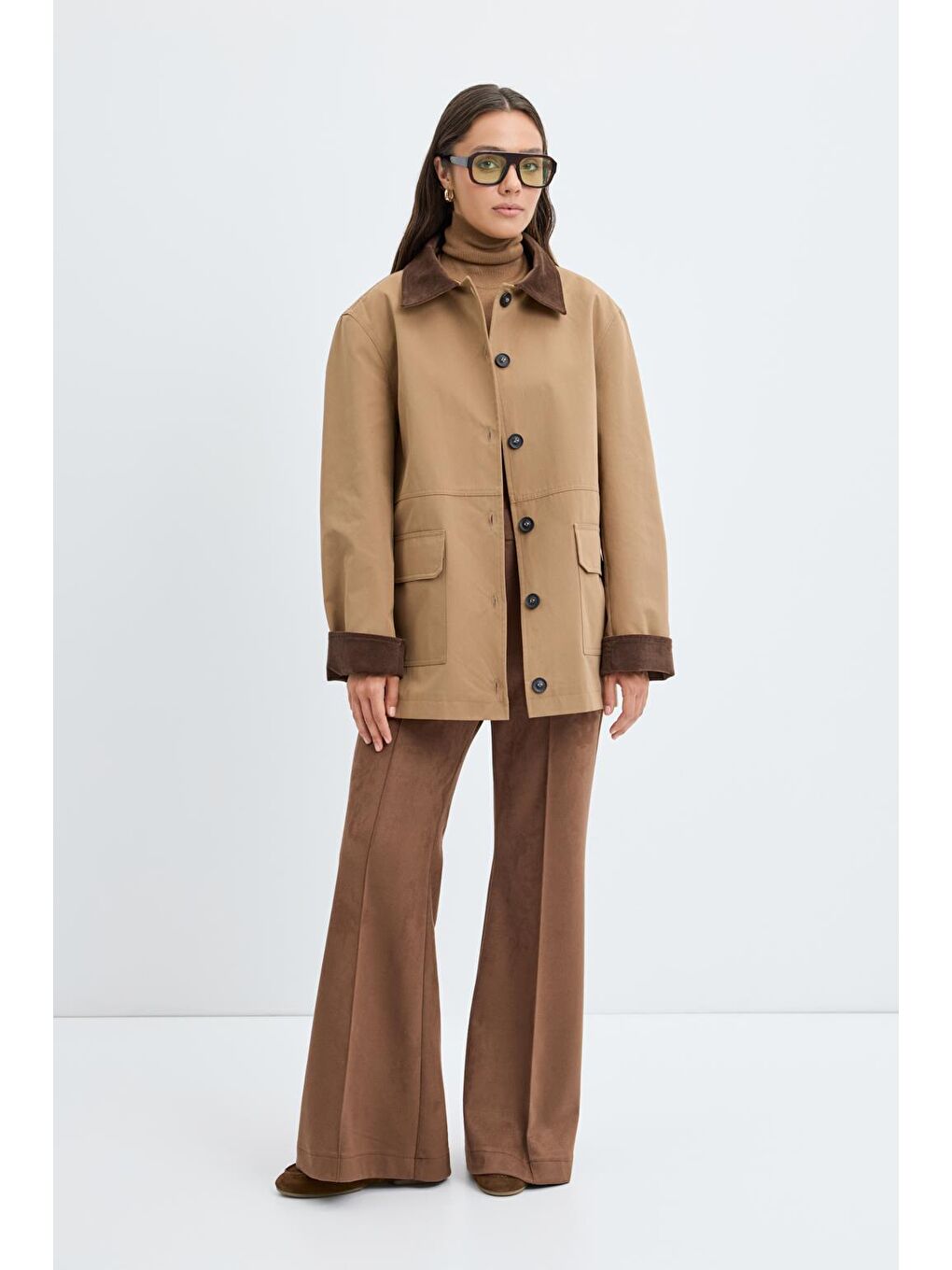 Kahverengi Kontrast Yakalı Cepli Gabardin Ceket Camel-1