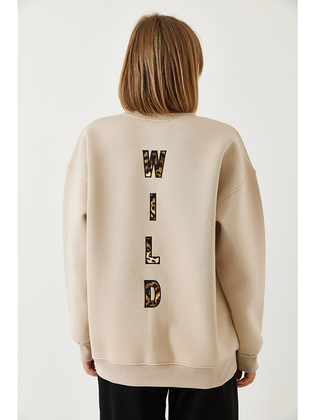 Bej Kadın Üç İplik Şardonlu Önü Fermuarlı Leopar Baskılı Sweatshirt-5