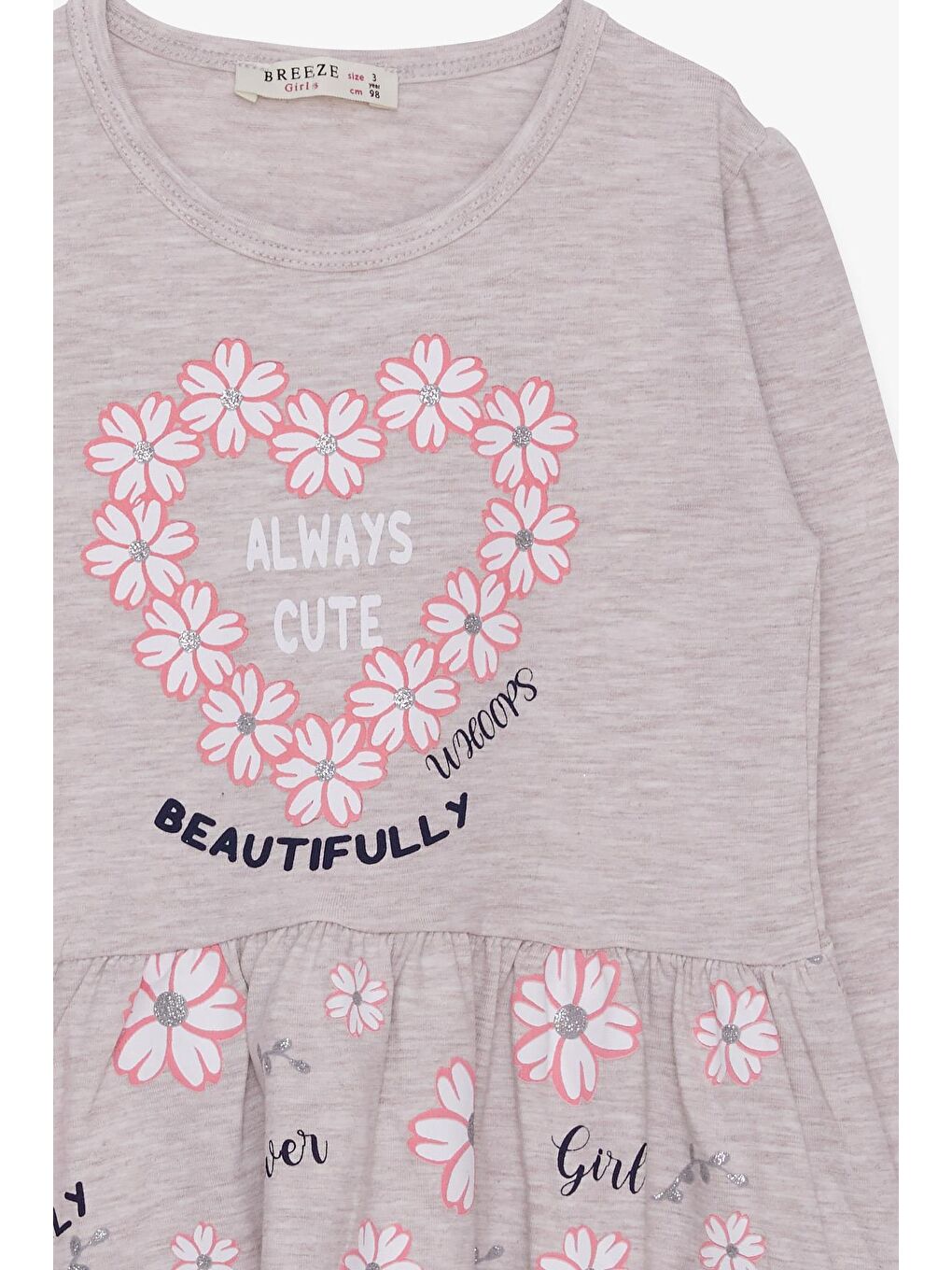 Kız Çocuk Uzun Kollu Elbise Çiçekli Baskılı Desenli Bej Melanj (3 Yaş)-2