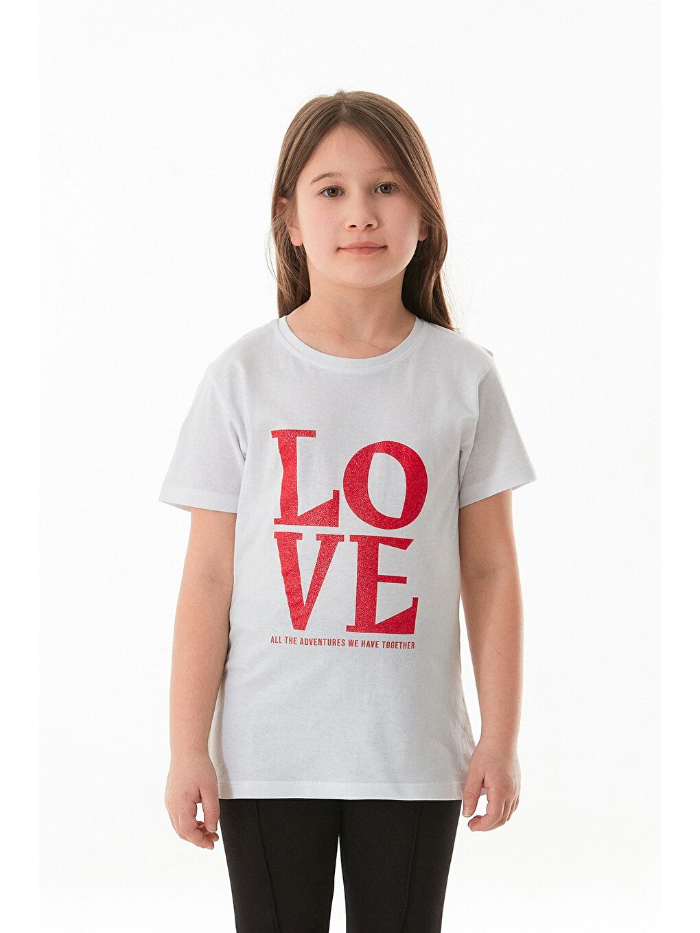 Beyaz %100 Pamuk Simli Love Yazı Baskılı Kız Çocuk Tişört