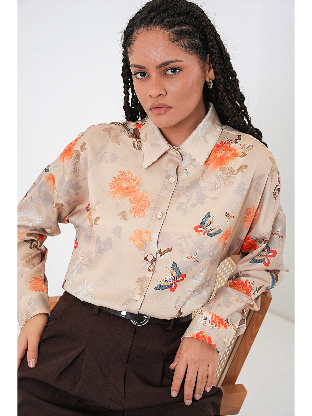 Sarı Kadın Oversize Desenli Saten Gömlek 20365 - Camel-3