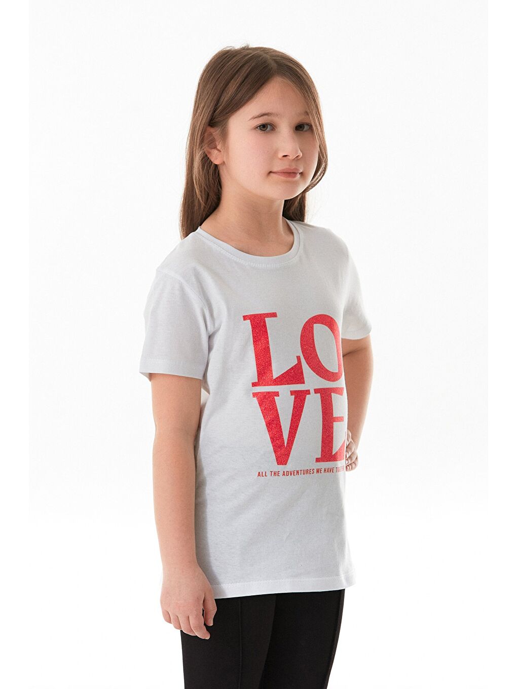 Beyaz %100 Pamuk Simli Love Yazı Baskılı Kız Çocuk Tişört-1