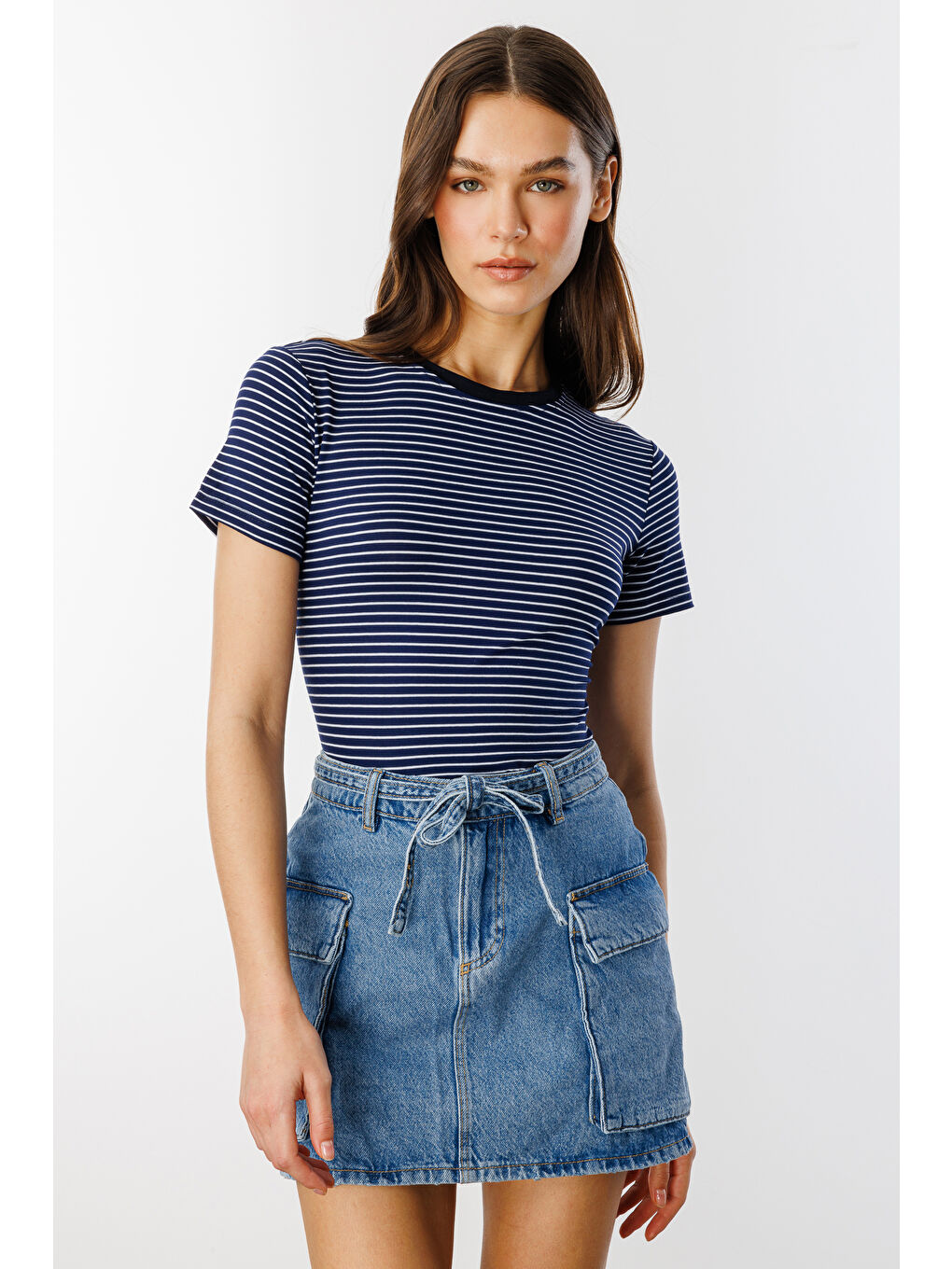 Lacivert Kadın Çizgili Kısa Kollu T-shirt ÇİZGİLİ-T-SHIRT