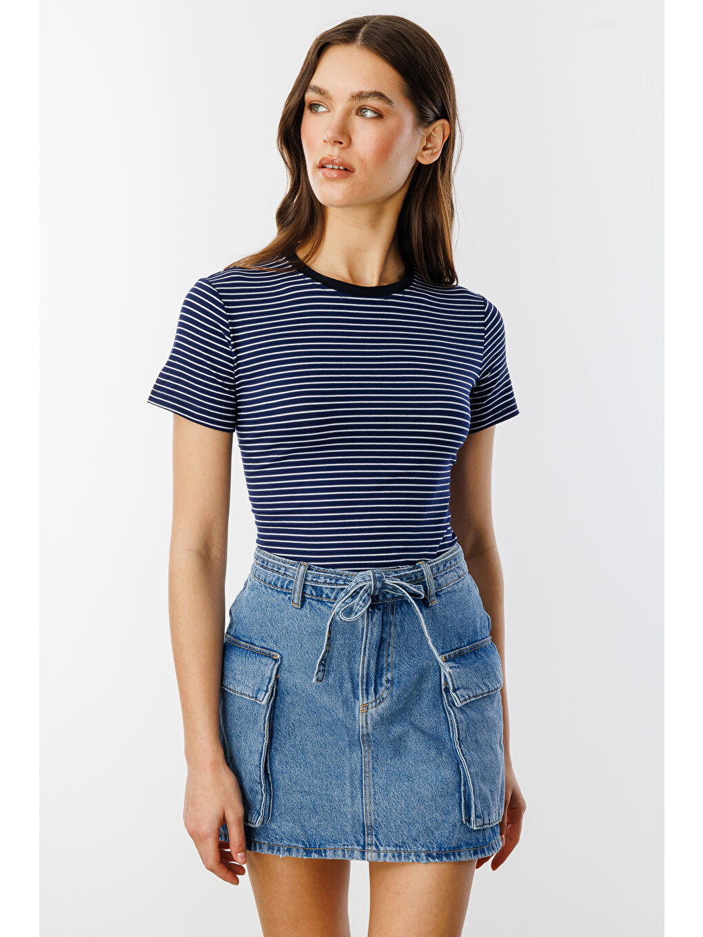 Lacivert Kadın Çizgili Kısa Kollu T-shirt ÇİZGİLİ-T-SHIRT-1