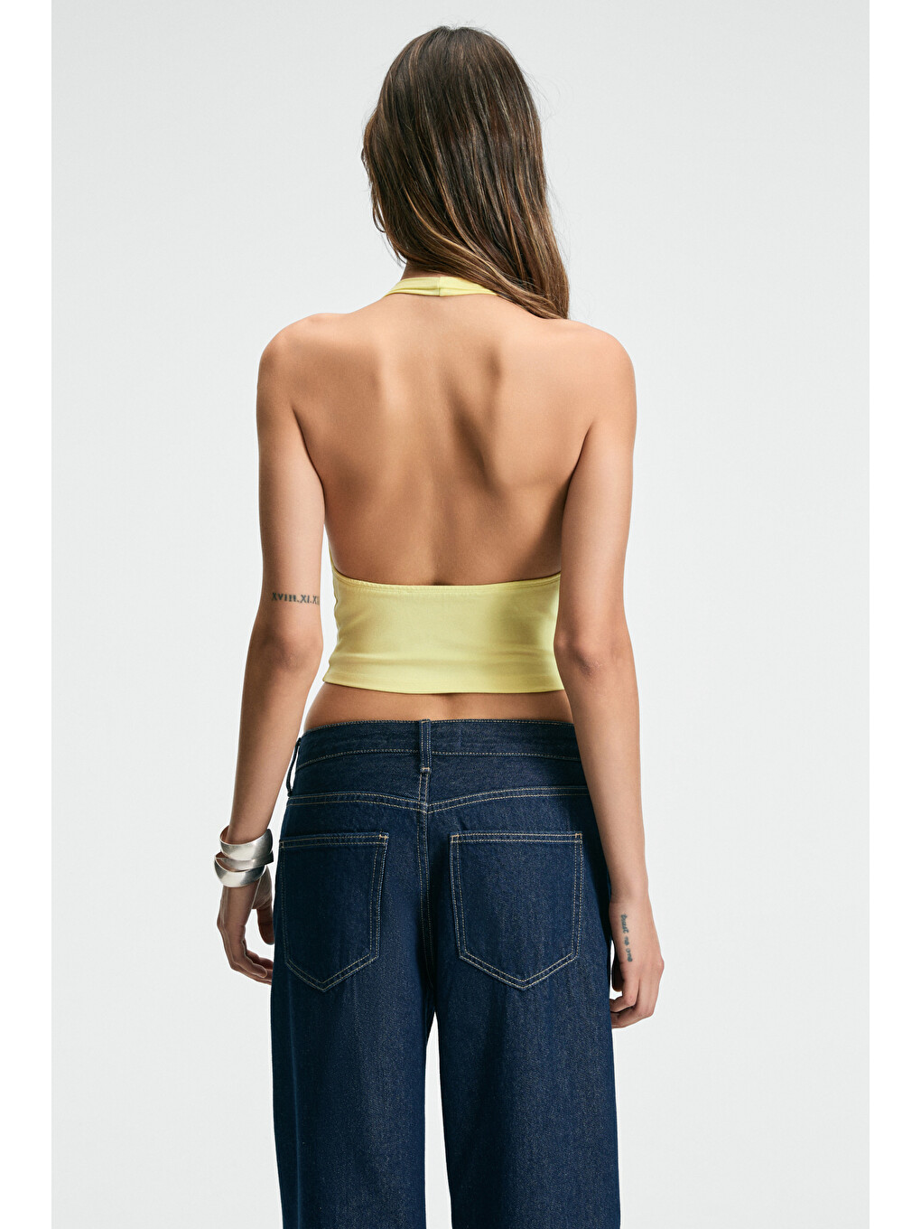 Neslıva Kadın Degaje Halter Yaka Kalın Askılı Sırtı Açık Crop Sarı Bluz-7