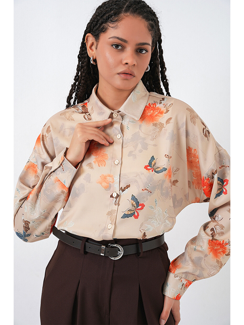 Sarı Kadın Oversize Desenli Saten Gömlek 20365 - Camel-4
