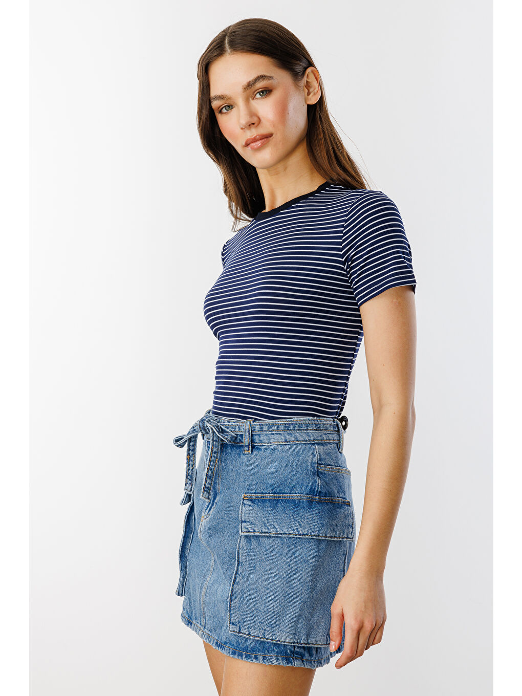 Lacivert Kadın Çizgili Kısa Kollu T-shirt ÇİZGİLİ-T-SHIRT-2