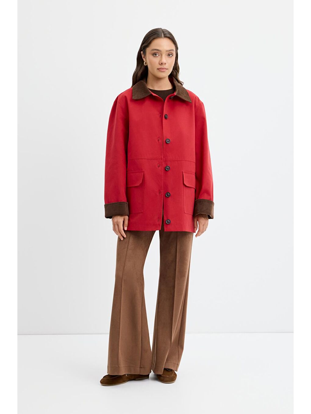 Kontrast Yakalı Cepli Gabardin Ceket Kırmızı-1