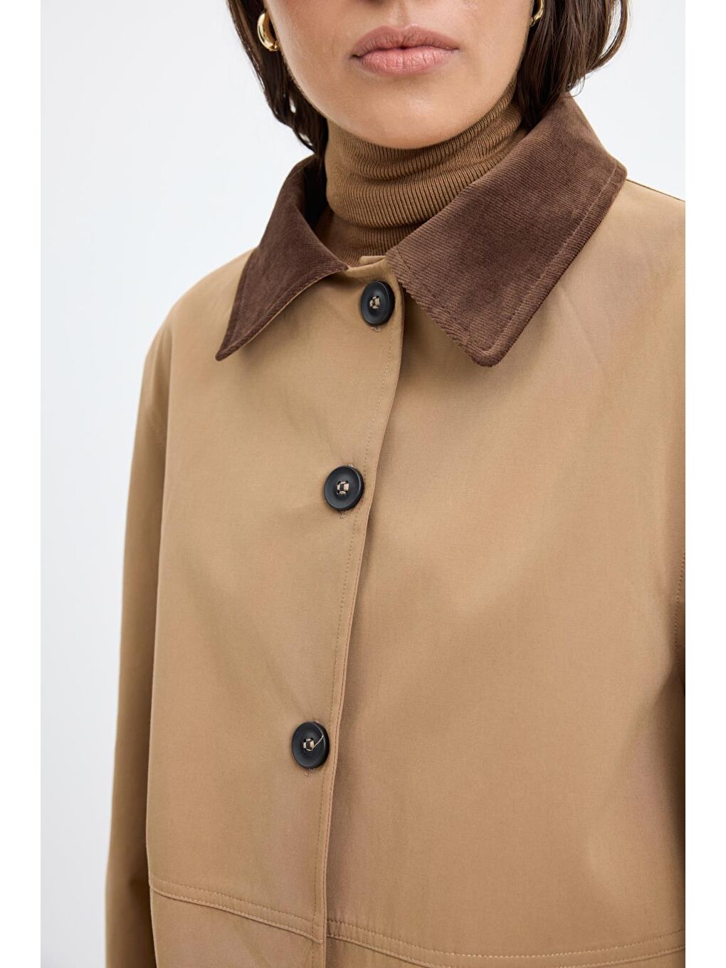 Kahverengi Kontrast Yakalı Cepli Gabardin Ceket Camel-5