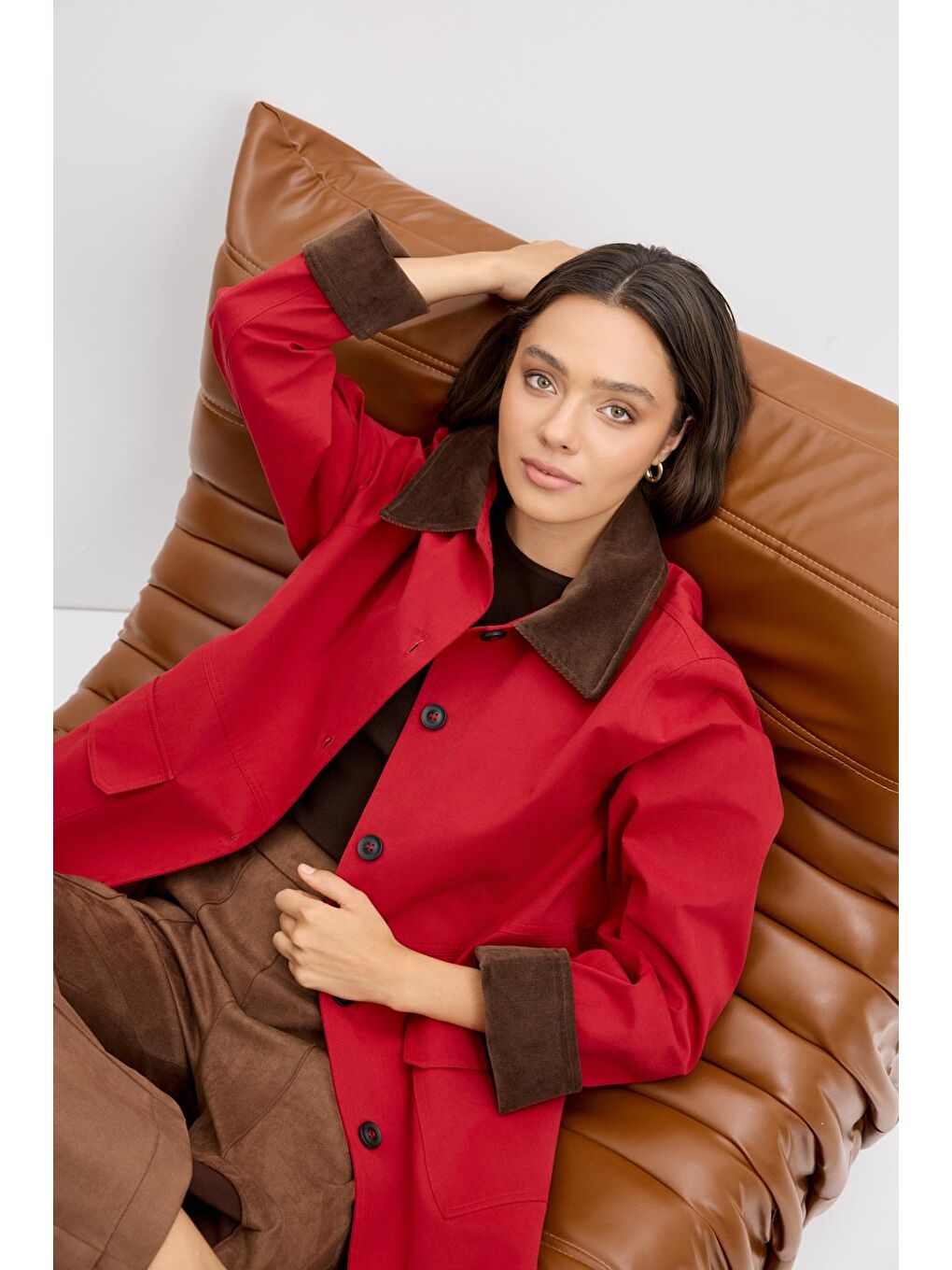 Kontrast Yakalı Cepli Gabardin Ceket Kırmızı-2