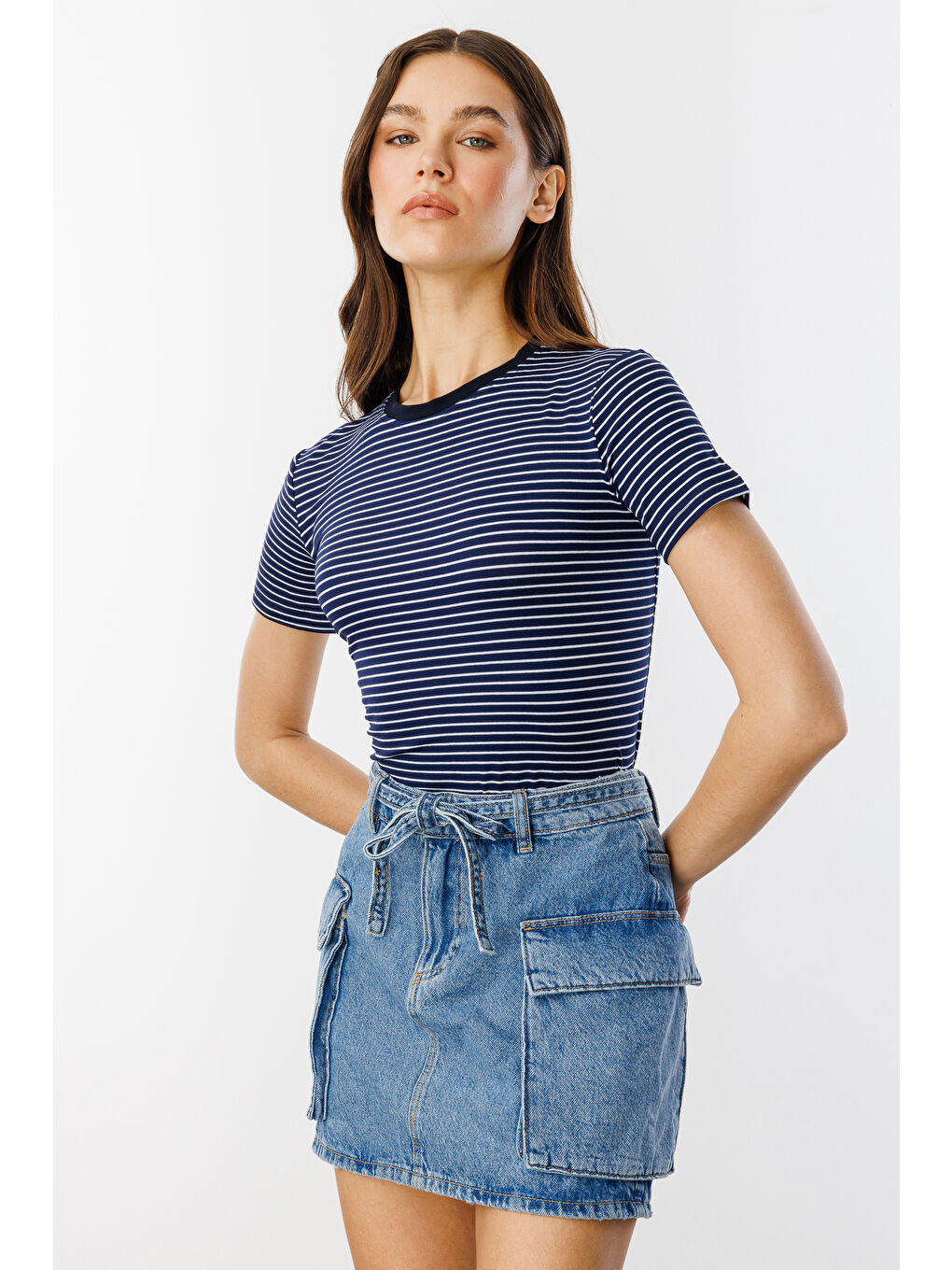 Lacivert Kadın Çizgili Kısa Kollu T-shirt ÇİZGİLİ-T-SHIRT-3