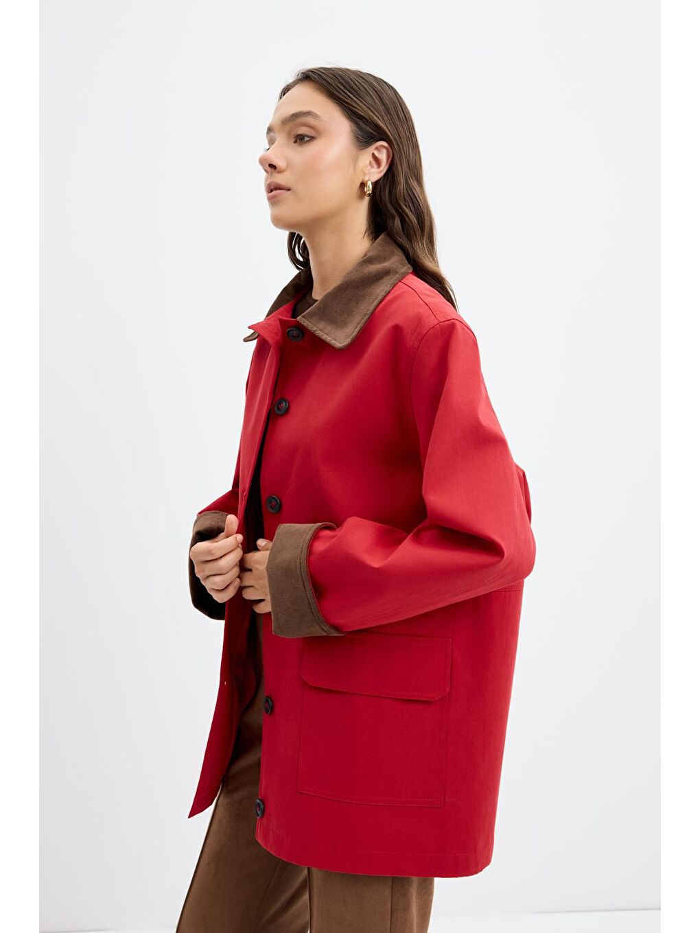 Kontrast Yakalı Cepli Gabardin Ceket Kırmızı-3