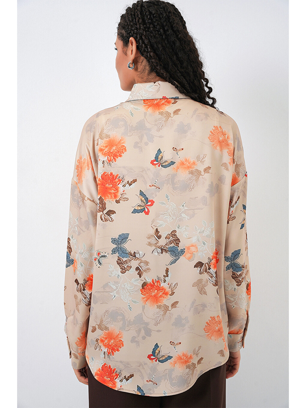 Sarı Kadın Oversize Desenli Saten Gömlek 20365 - Camel-6