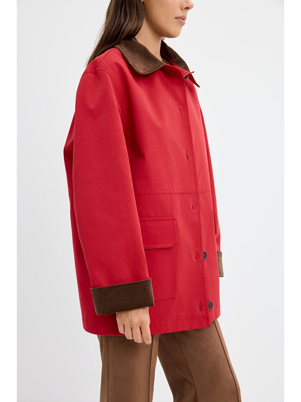 Kontrast Yakalı Cepli Gabardin Ceket Kırmızı-6