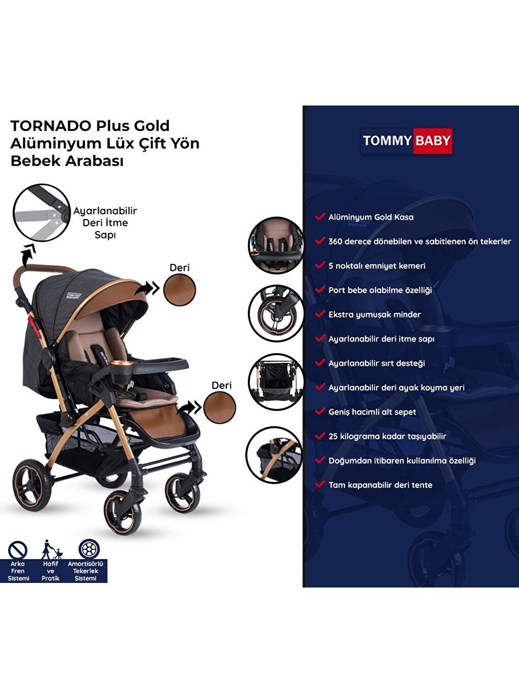 Tornado Plus Gold Alüminyum Lüx Çift Yön Bebek Arabası-8