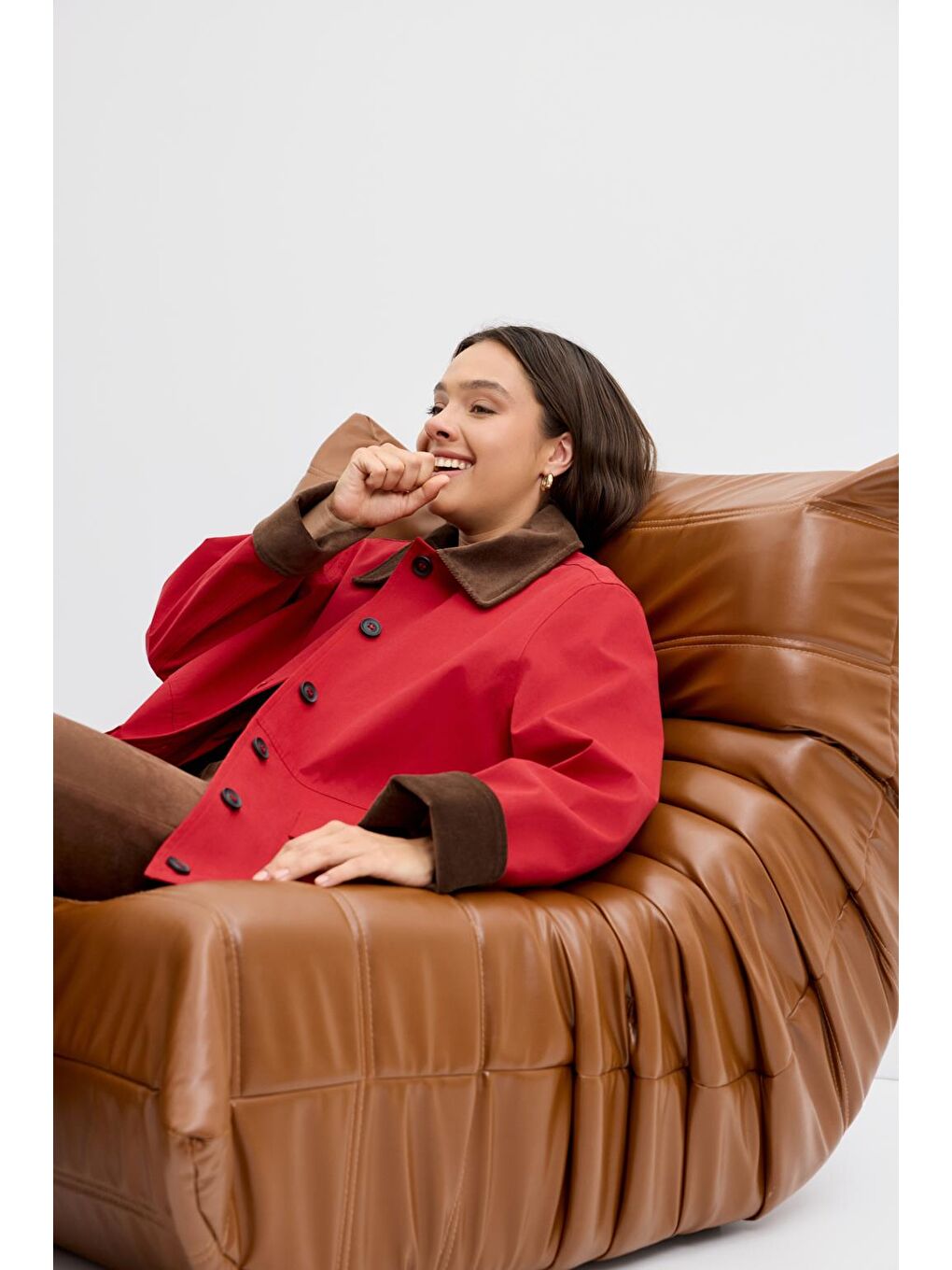 Kontrast Yakalı Cepli Gabardin Ceket Kırmızı-7