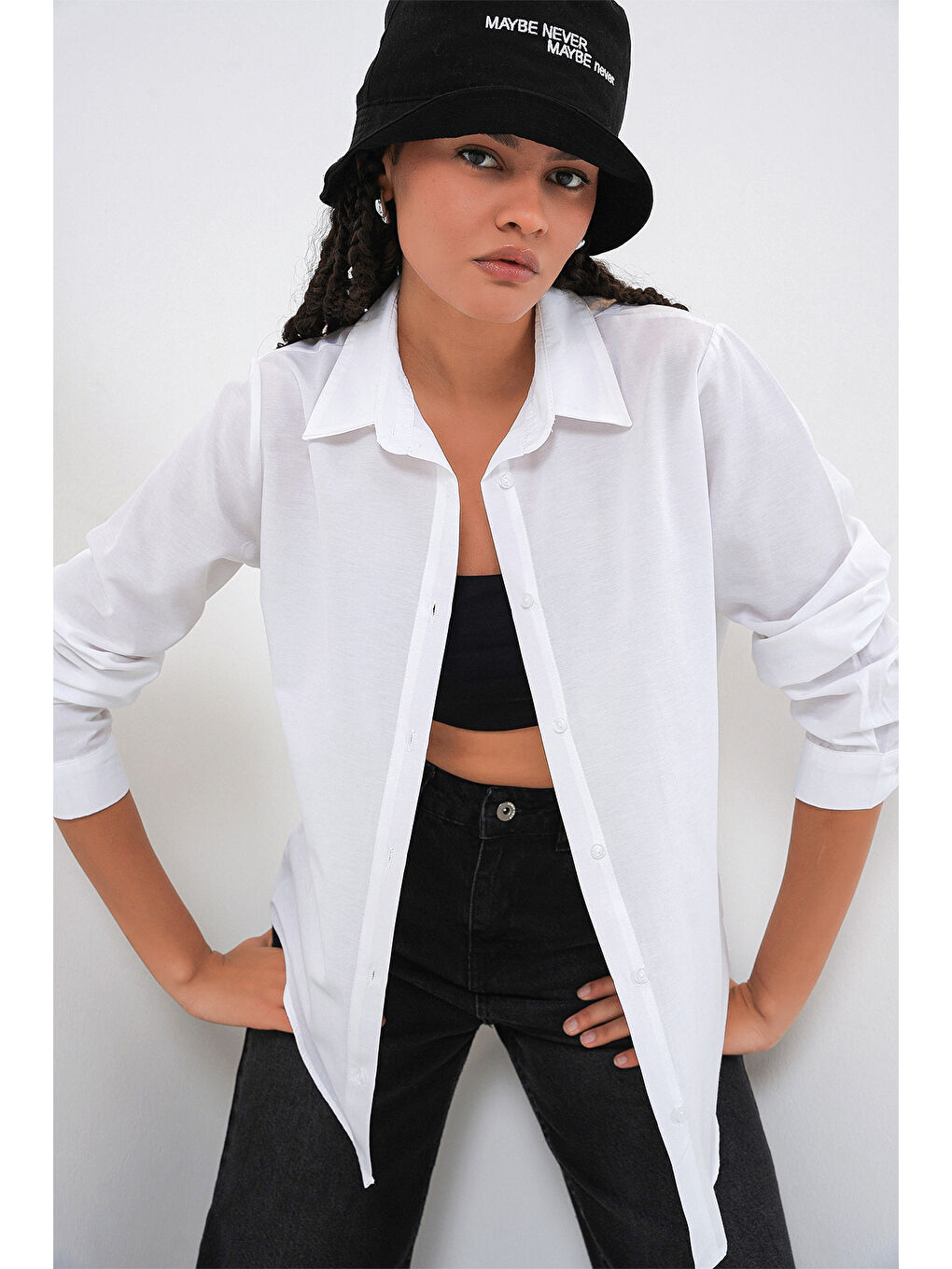 Kadın Oversize Basic Gömlek 20349 - Beyaz