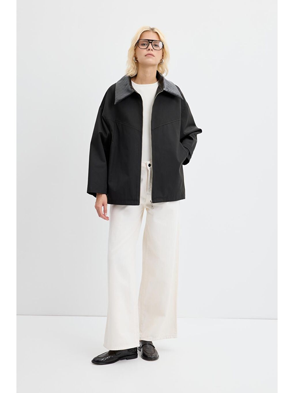 Fermuarlı Deri Yakalı Ceket Siyah-1