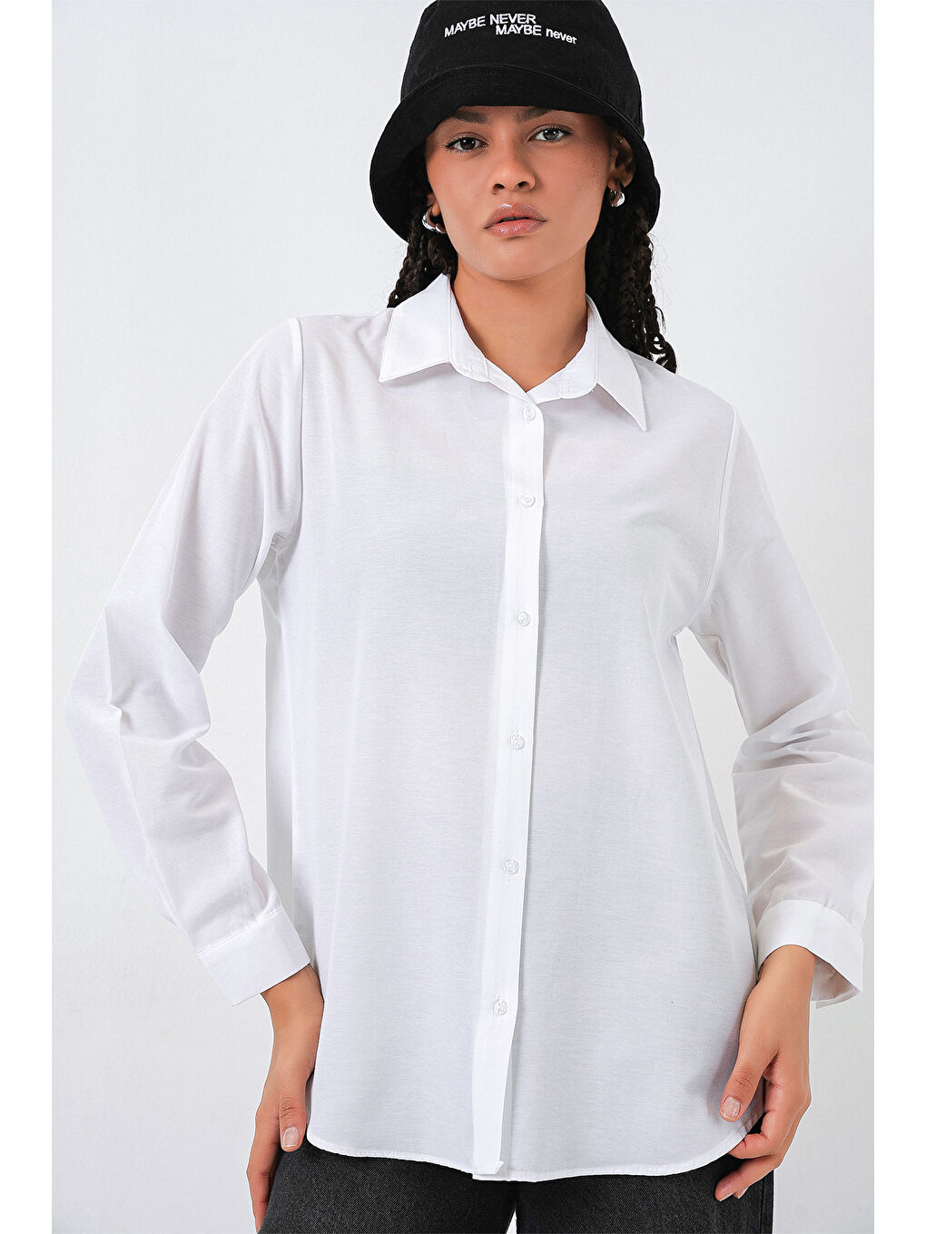 Kadın Oversize Basic Gömlek 20349 - Beyaz-1