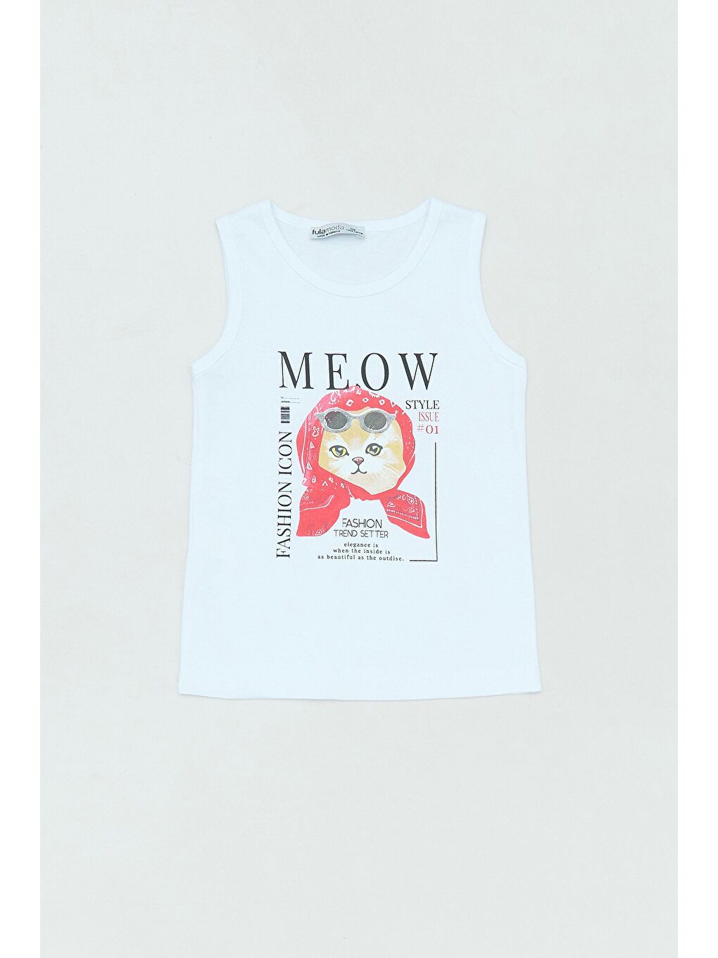 Beyaz %100 Pamuk Kedi Baskılı Kalın Askılı Kız Çocuk Tişört