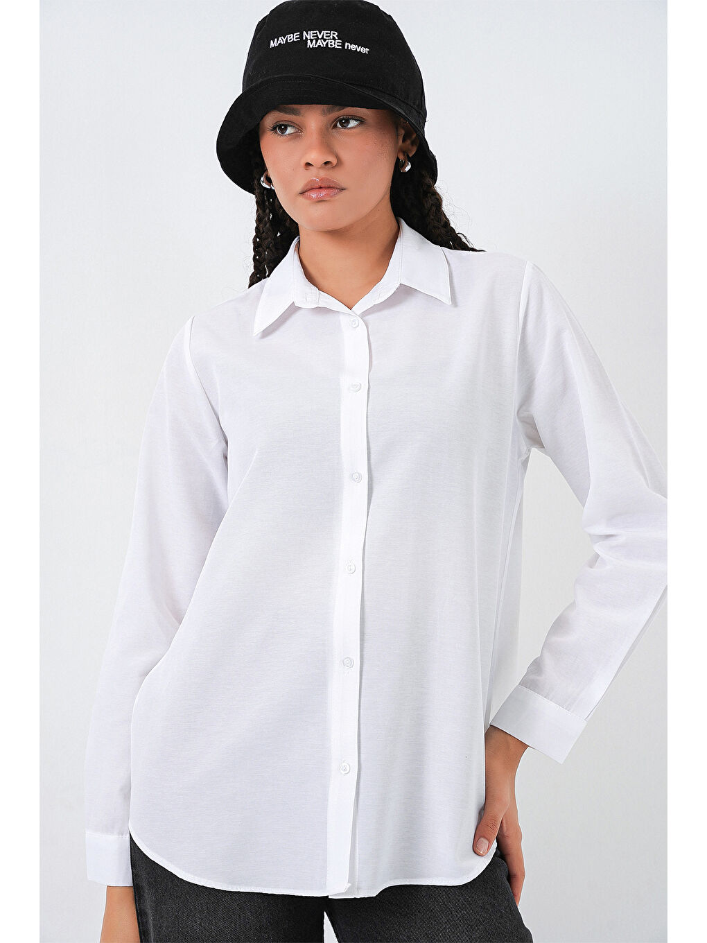 Kadın Oversize Basic Gömlek 20349 - Beyaz-3