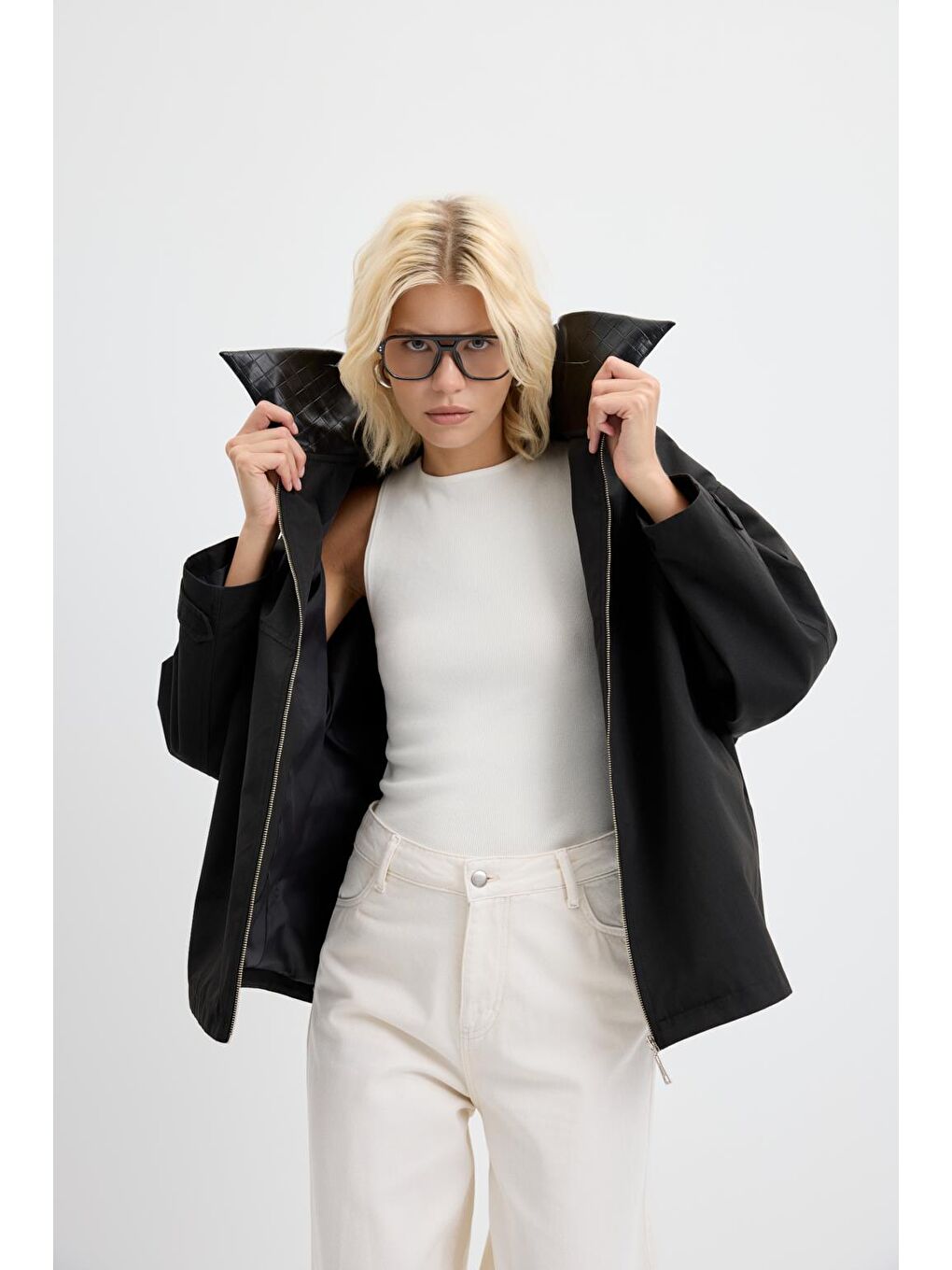 Fermuarlı Deri Yakalı Ceket Siyah-6