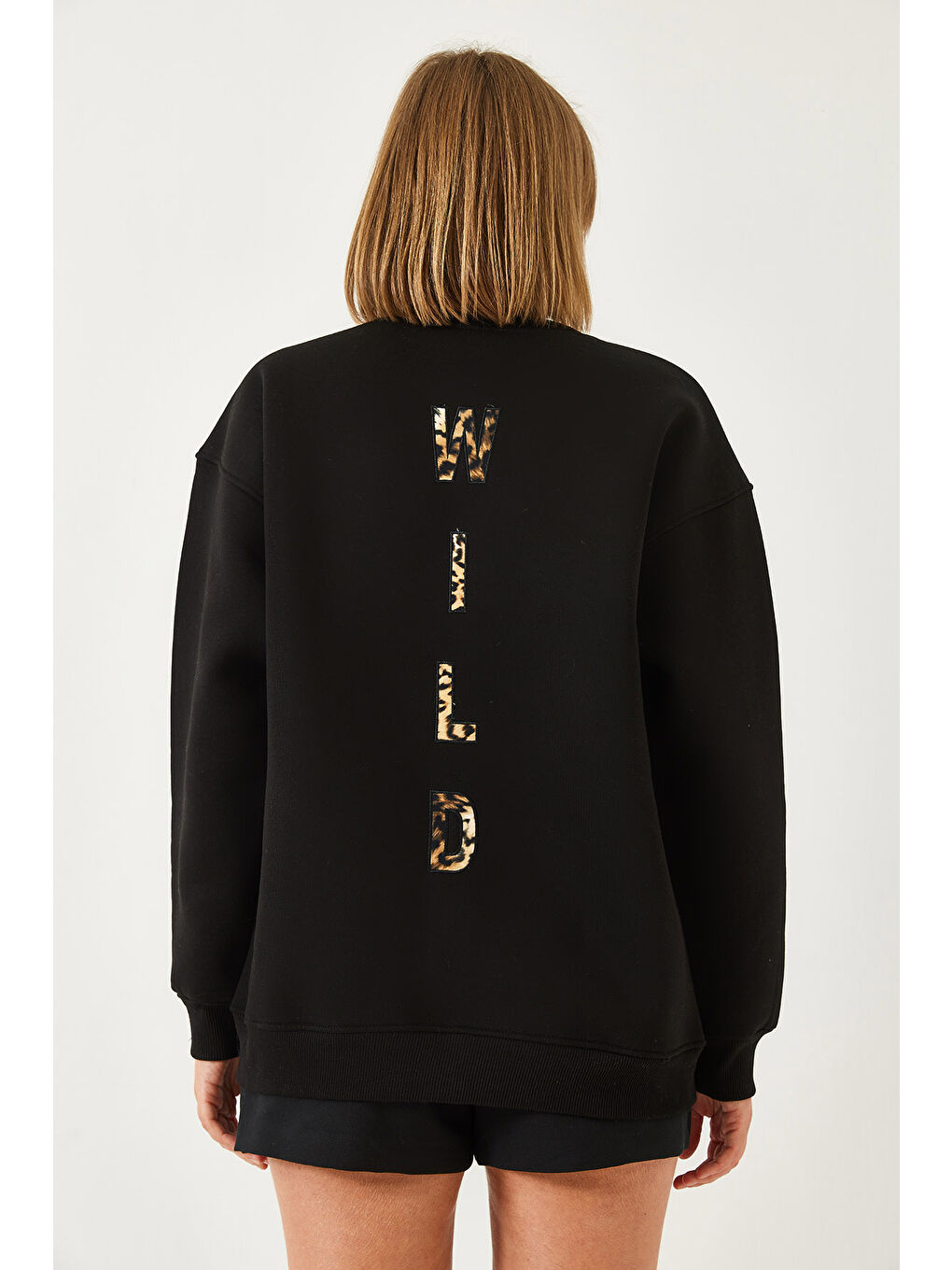 Siyah Kadın Üç İplik Şardonlu Önü Fermuarlı Leopar Baskılı Sweatshirt-5