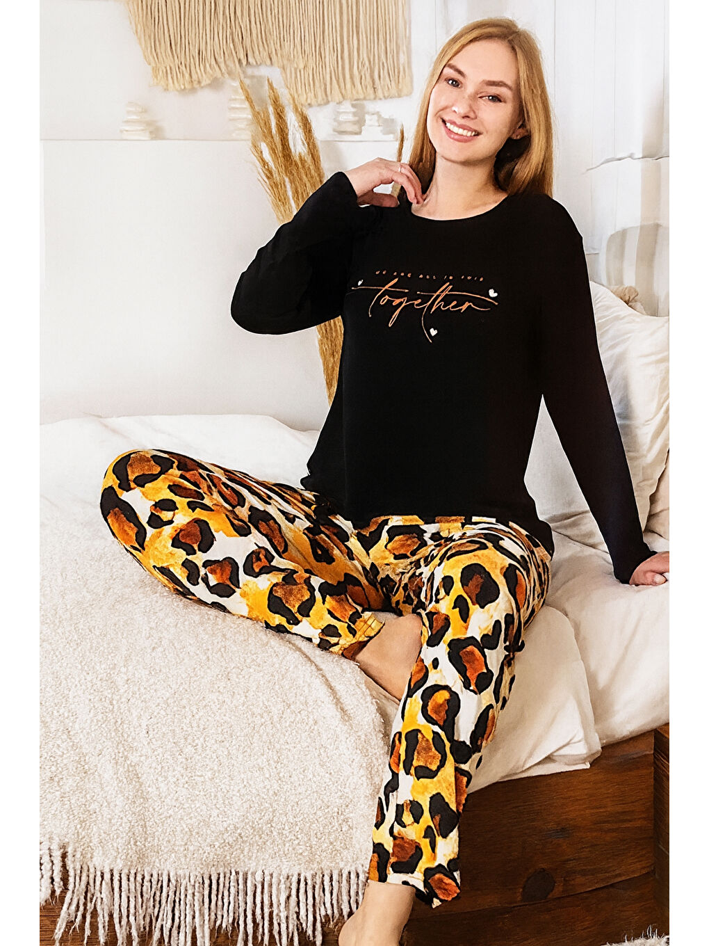 Kadın Leopar Desen Saphire Pijama Takımı 0466 Siyah03-1