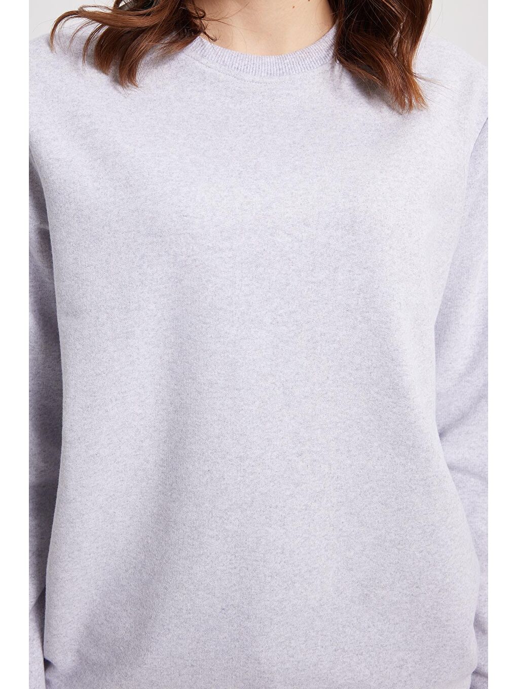 Kadın Oversize Geniş Kesim %100 Pamuk 2 İplik Bisiklet Yaka Gri Sweatshirt-3