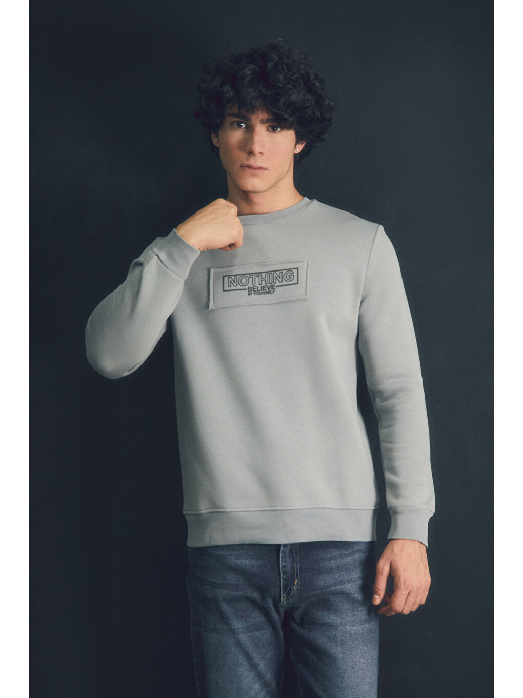 Fullamoda Gri Yazı Baskılı Bisiklet Yaka Sweatshirt