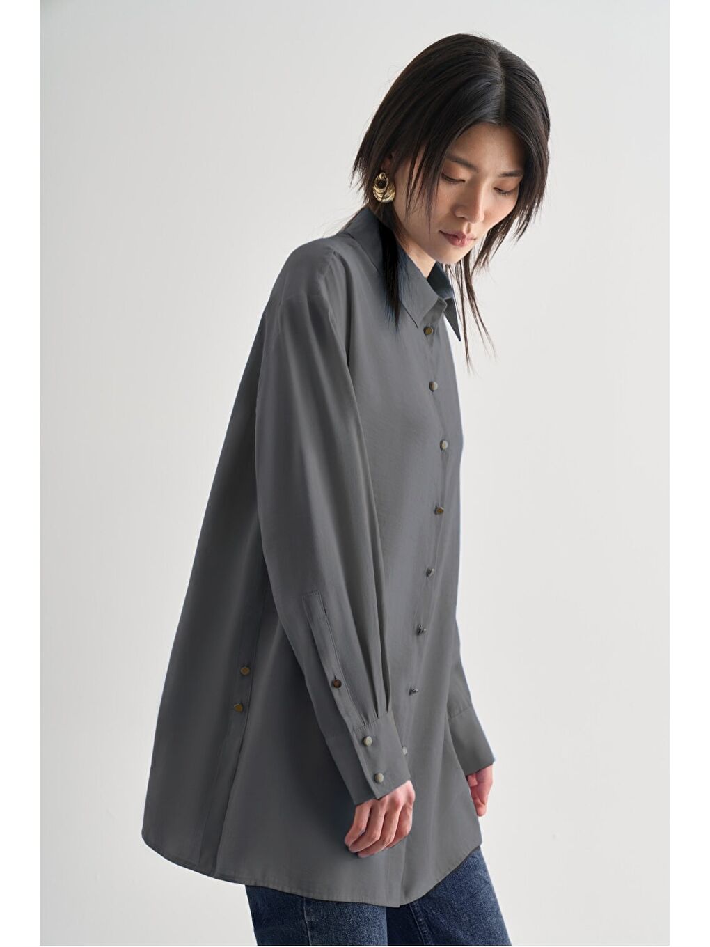 Yan Düğme Detaylı Premium Modal Gri Tunik-1