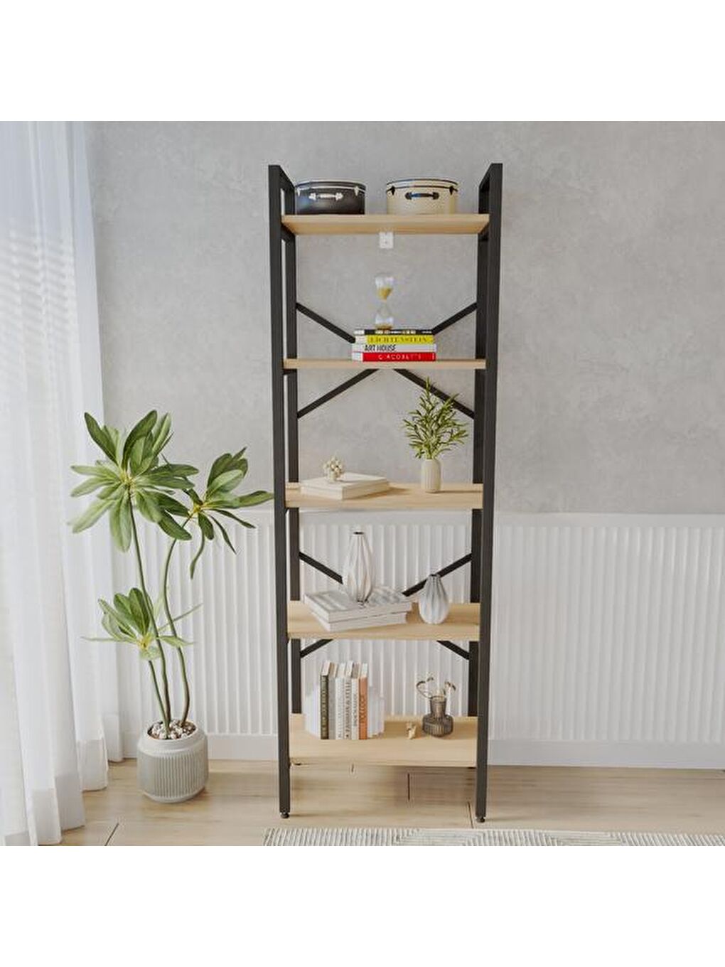 Kahverengi Athena 5 Raflı Metal Kitaplık - Sepet-1