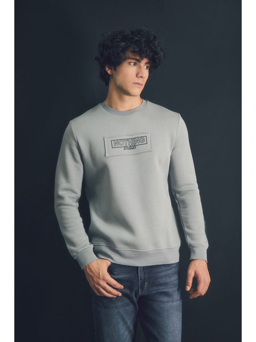 Fullamoda Gri Yazı Baskılı Bisiklet Yaka Sweatshirt - 2