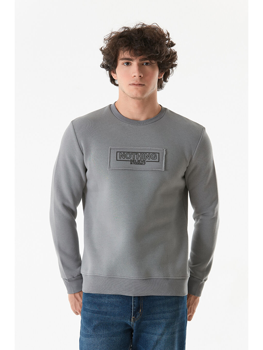 Fullamoda Gri Yazı Baskılı Bisiklet Yaka Sweatshirt - 3