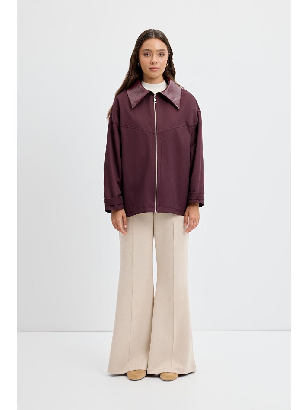 Fermuarlı Deri Yakalı Ceket Mürdüm-2