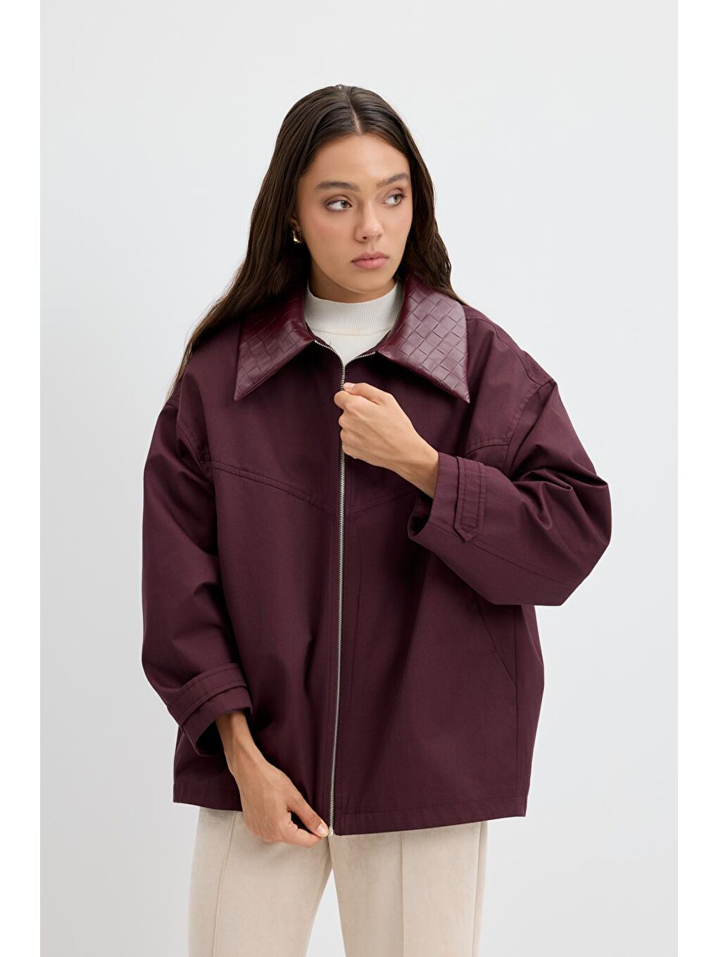 Fermuarlı Deri Yakalı Ceket Mürdüm-3