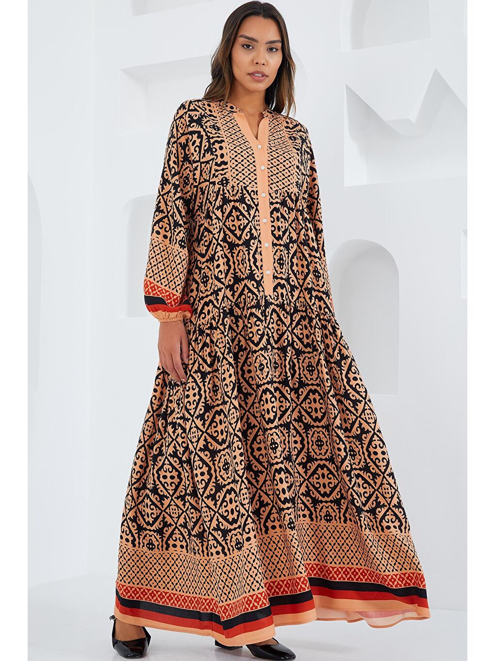 Kadın Bej Siyah Viskon Tesettür Elbise 2423